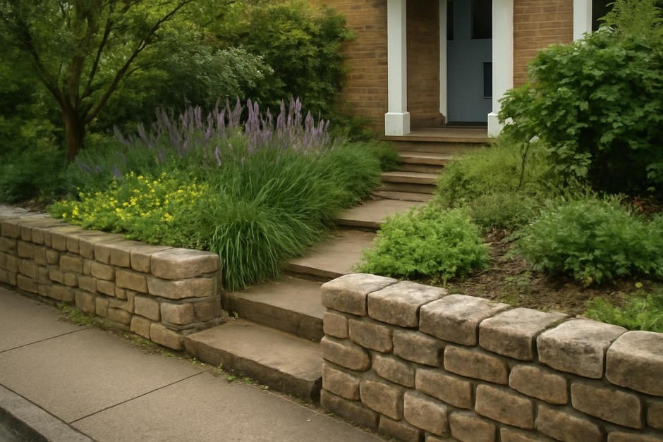 A low stone wall with mixed planting framing a house entry between sidewalk and garden