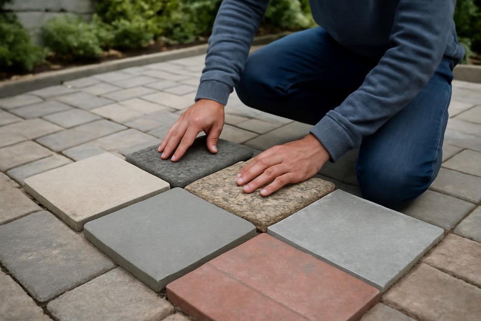 Hands testing paving samples in a courtyard