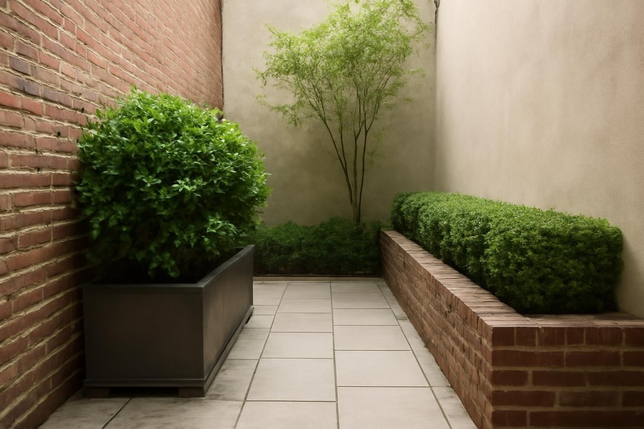 Narrow courtyard with rectangular planter boxes and clipped shrubs against paving