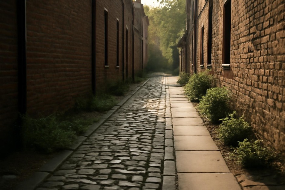 Narrow cobbled alley lined with mixed paving and low planting, morning light